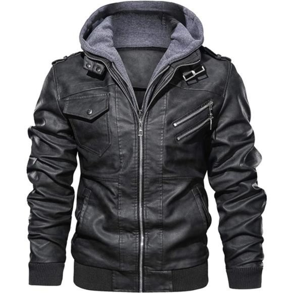 Men’s Casual Stand Collar PU Faux Leather Zip-Up Motorcycle Bomber Jacket